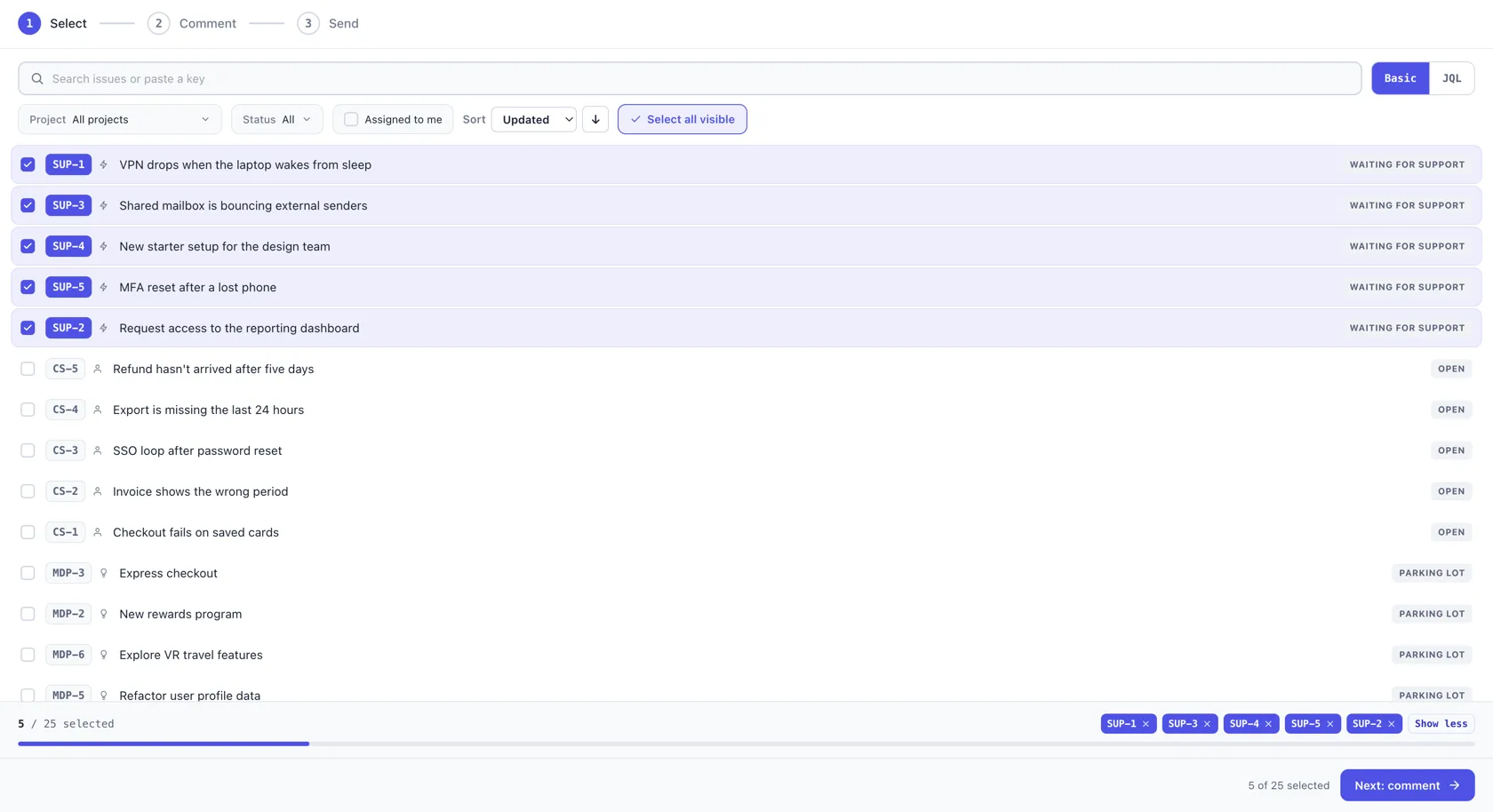 Selecting up to 25 Jira issues in Bulk Comments for Jira